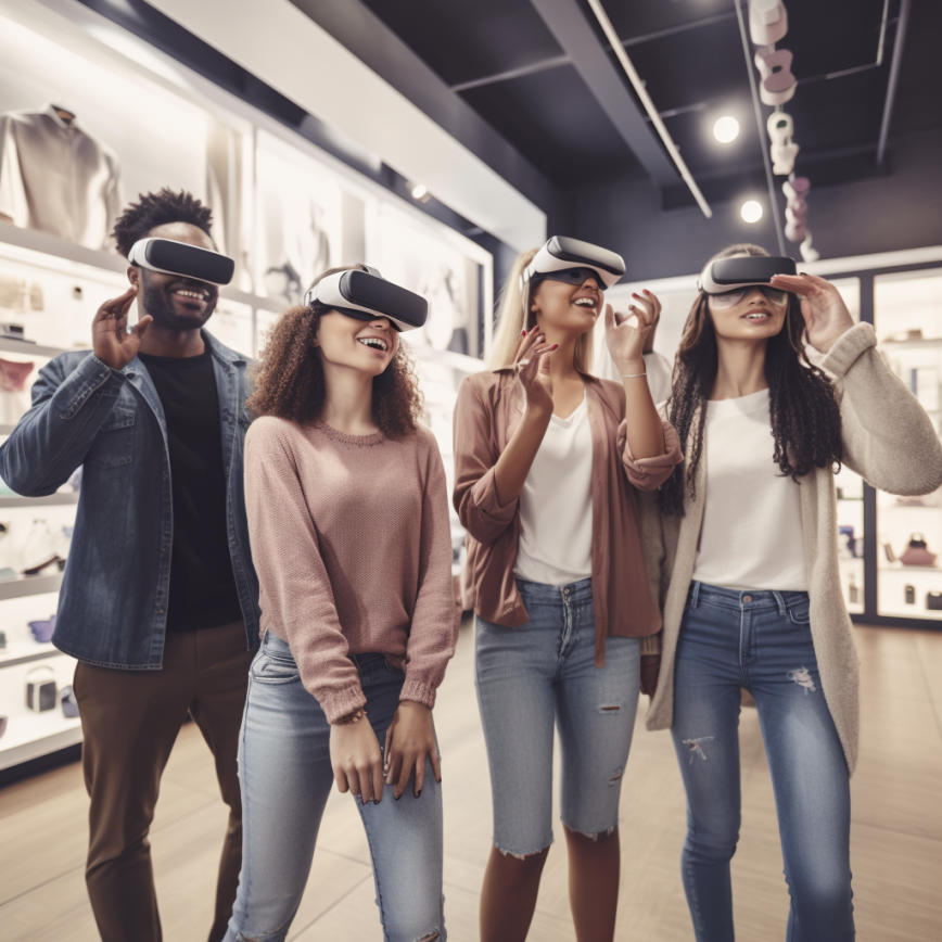Diverse group of happy shoppers using AR and VR technology in a retail setting