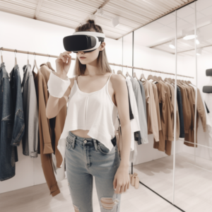 Shopper using VR headset for virtual clothing try-on